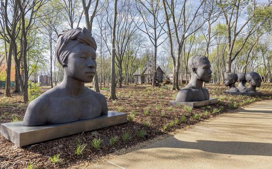 "Black Renaissance," by Rayvenn D'Clark, bronze, 2023, during a media tour of Equal Justice Initiative's new Freedom Monument Sculpture Park, Tuesday, March 12, 2024, in Montgomery, Ala. (AP Photo/Vasha Hunt)