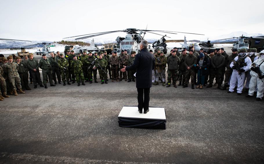 NATO Secretary-General Jens Stoltenberg talks to troops in Bardufoss, Norway, on March 25, 2022, during Cold Response, a Norwegian-led exercise with participation from 27 NATO allies and partners.