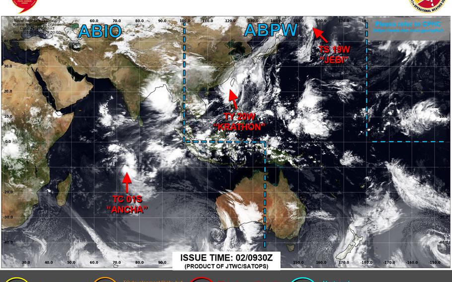 Krathon retains Category 3-equivalent status, remains quasi-stationary southwest of Taiwan; forecast to weaken as it makes landfall and moves over Taiwan, possibly dissipating Saturday while still over the island.