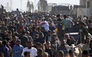A huge crowd gathers to receive food aid.