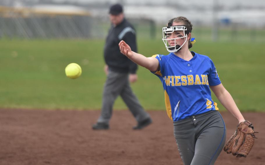 Junior Valerie Fisher throws a pitch during the season opener against Kaiserslautern on March 16, 2024, in Wiesbaden, Germany.  This was Fisher’s first game as a pitcher.