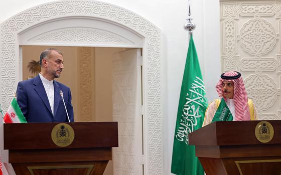 Iran's Foreign Minister Hossein Amir-Abdollahian, left, and his Saudi counterpart Faisal bin Farhan hold a joint news conference in Riyadh, Saudi Arabia, on Aug. 17, 2023. (Fayez Nureldine/AFP/Getty Images/TNS)