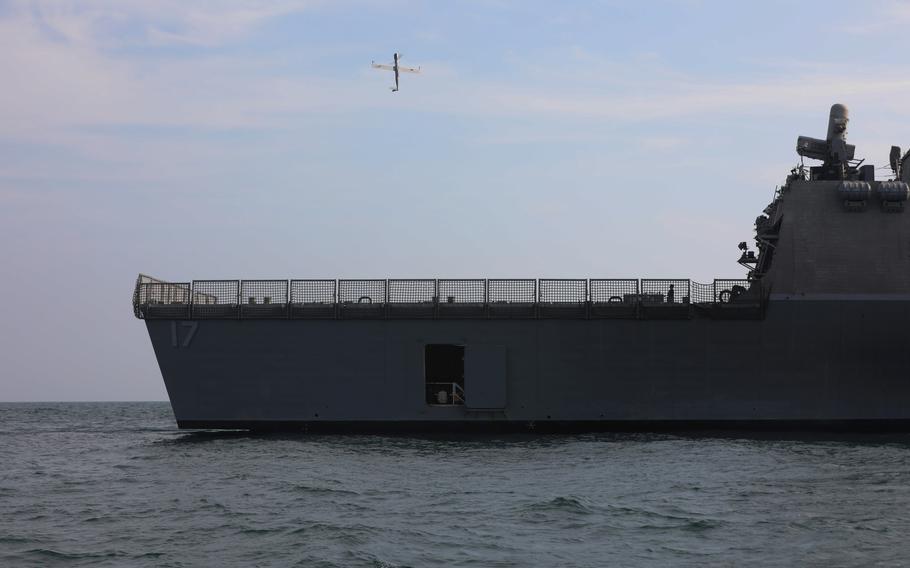 A Flexrotor drone takes off from the flight deck of the littoral combat ship USS Indianapolis during exercise Digital Talon 2 in the Persian Gulf, Nov. 27, 2023.