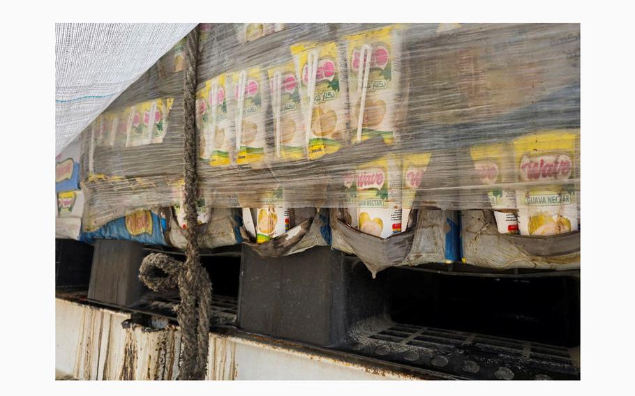 Packets of juice, part of aid packages for Gaza that have gone bad as seen in Rafah, Egypt, on May 22, 2024.
