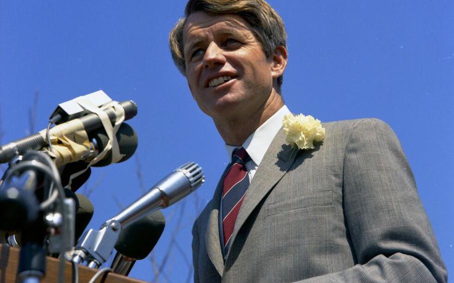 Robert F Kennedy speaks to a crowd during the 1968 primary.