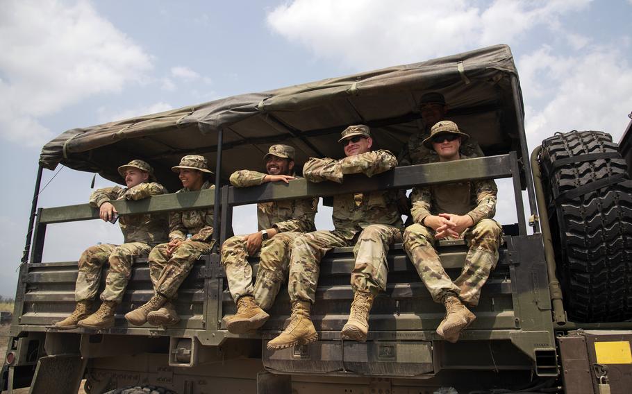 U.S. soldiers wait for a Patriot missile to be fired during a Balikatan drill at Naval Station Leovigildo Gantioqui in San Antonio, Philippines, Tuesday, April 25, 2023.