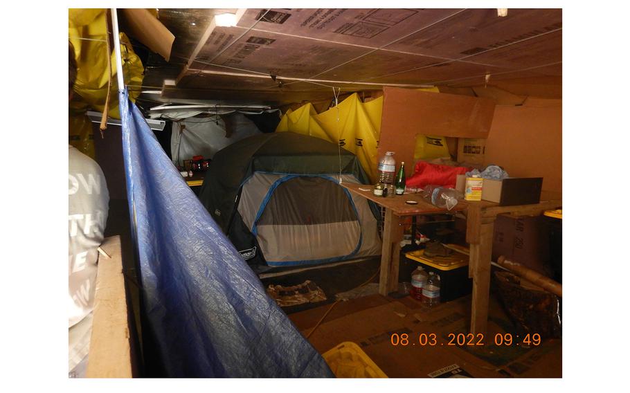 Worker tents in a state-licensed Trinity County cannabis farm, a year after county citations for housing violations and the unexplained death of an infant. State cannabis investigators also inspected the farm, before and after the death, but its license remains active. 