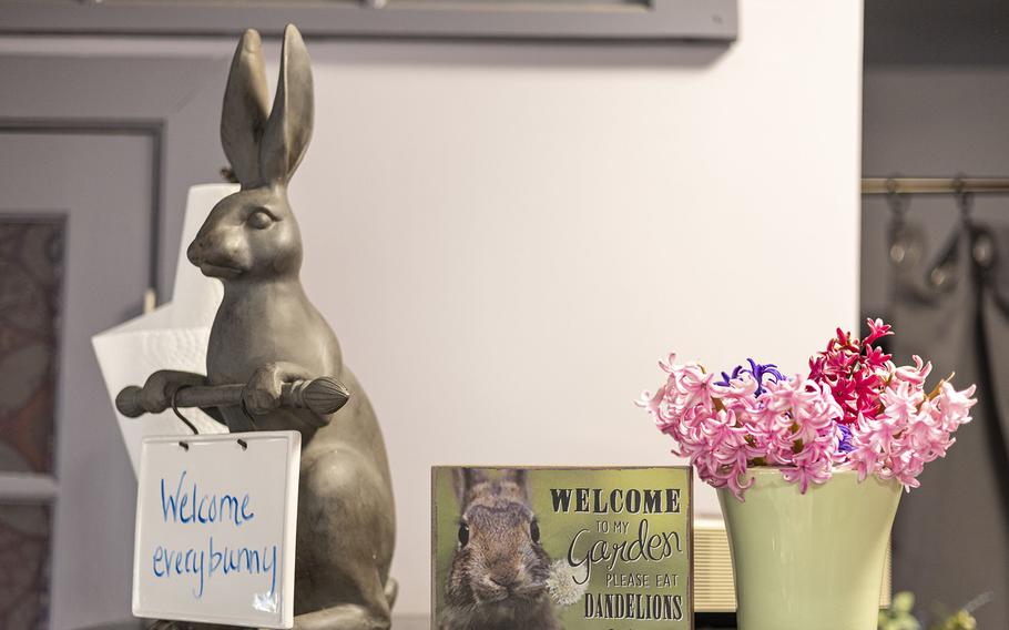 A sign welcomes “everybunny” to Valerie Bertsch’s rabbit café in Medford Lakes, N.J., which is located in her garage. 