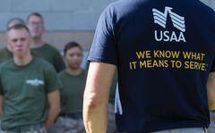 Rob Schaffer, a general manager with USAA, thanks Marines and local volunteers for helping with a community service project in Phoenix, Ariz., on Sept. 12, 2015.