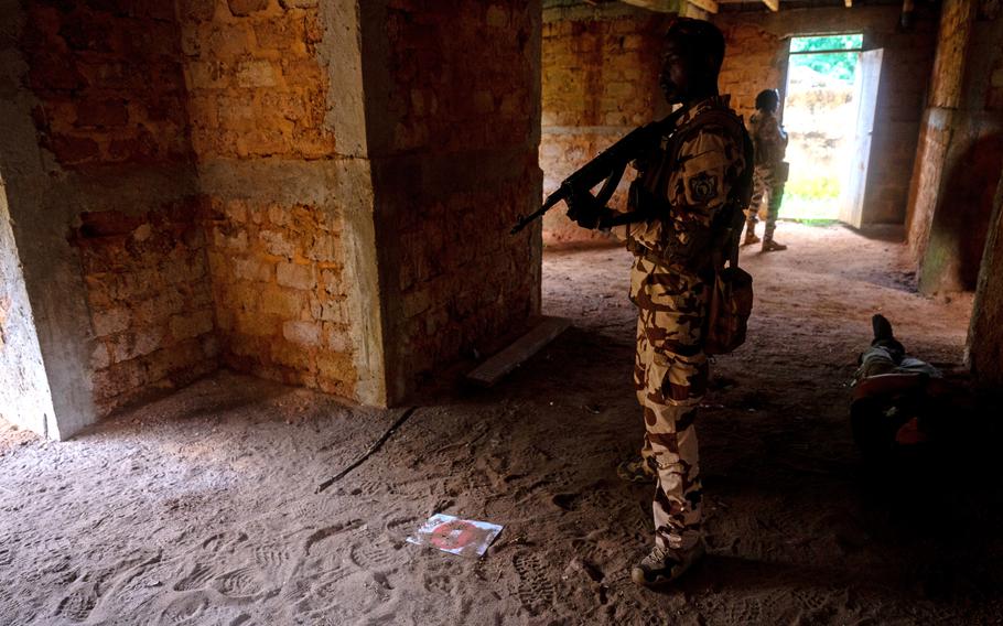 Members of Chadian special operations forces pull security at a simulated rural village while training with the 20th Special Forces Group (Airborne) during Flintlock 24 near Jacqueville, Ivory Coast, on May 13, 2024.