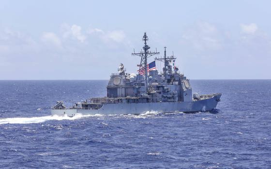The Ticonderoga-class, guided-missile cruiser USS Antietam cruises in the Philippine Sea on June 3, 2023. 
