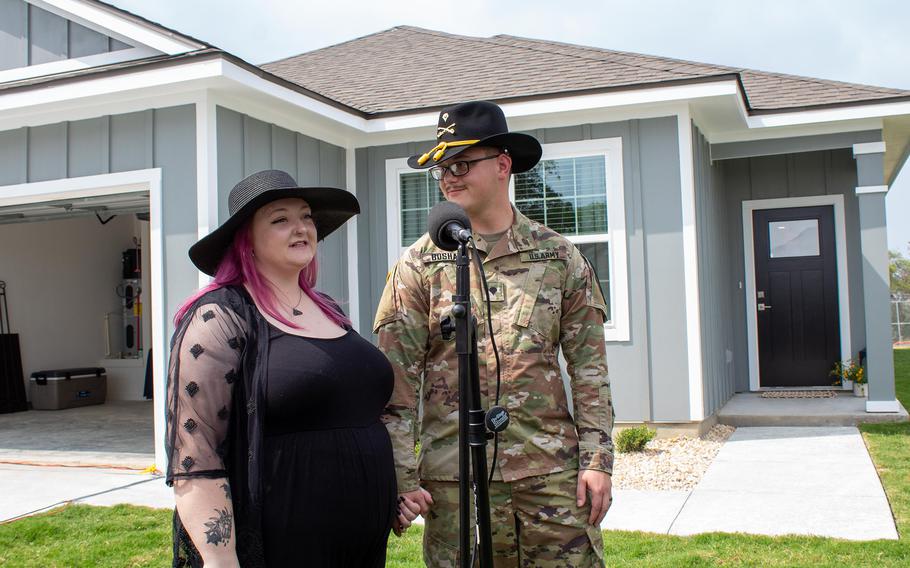 Allison and Spc. Grant Boshaw of the 1st Cavalry Division on June 16, 2023, at a ribbon-cutting ceremony. They will be the first to receive a new home in Heritage Heights at Fort Cavazos, Texas. 