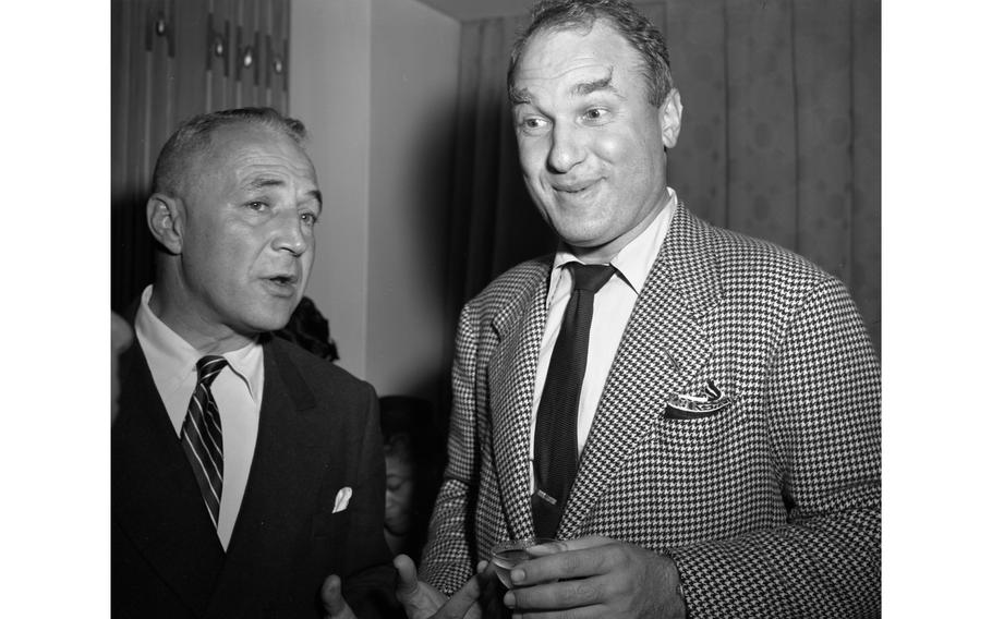 Music impressario, producer and founder of Jazz at the Philharmonic Norman Granz (right) at the JATP reception at the Nikkatsu Hotel, Tokyo.