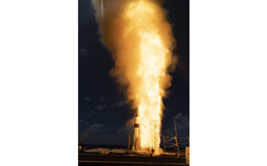 The guided-missile destroyer USS Fitzgerald launches a Standard Missile 3 Block IA as part of the Pacific Dragon exercise near Kauai, Hawaii, Aug. 9, 2022.