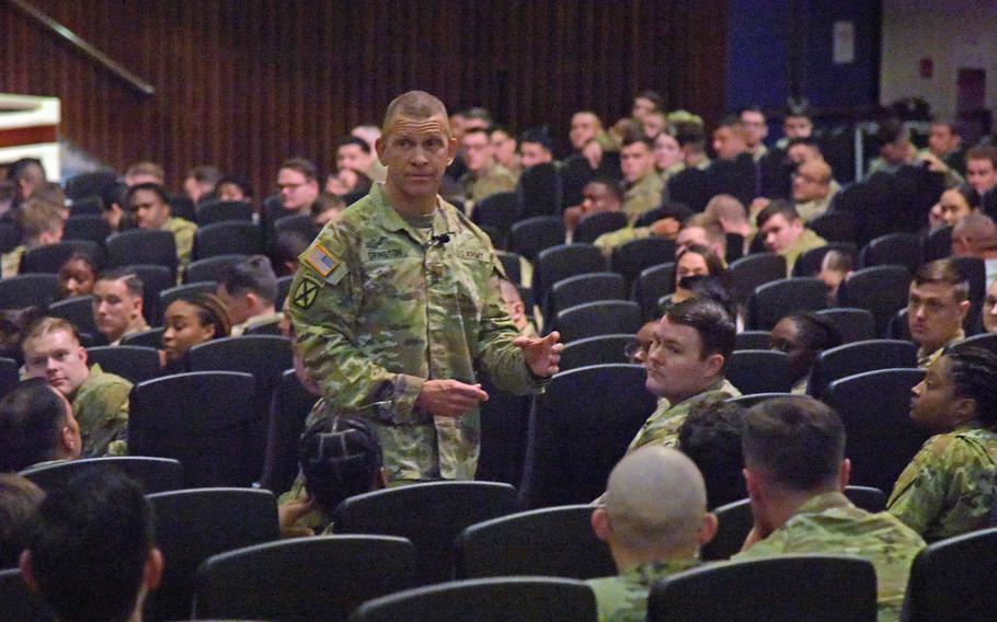 Sgt. Maj. of the Army Michael Grinston speaks with soldiers during a town hall meeting at Kadena Air Base, Okinawa, Monday, Nov. 21, 2022.