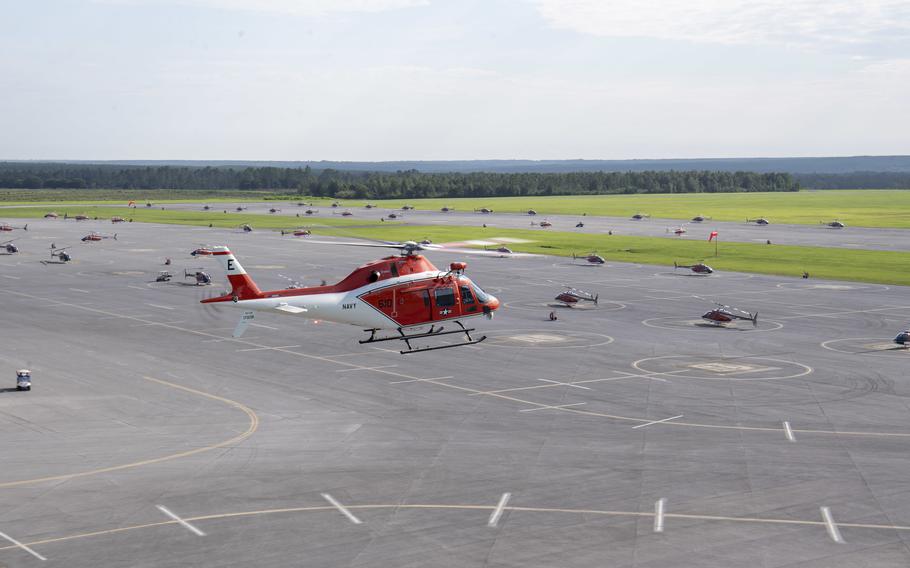 A Navy TH-73A Thrasher arrives at Naval Air Station Whiting Field in Milton, Fla., Aug. 6, 2021. 