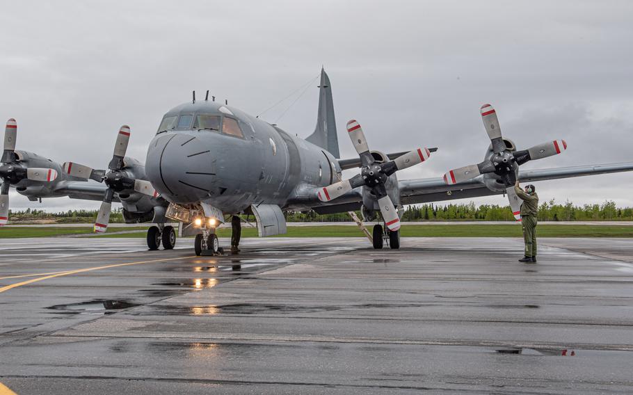 A Royal Canadian Air Force CP-140 Aurora pauses on its way to Thule Air Base, Greenland, on June 12, 2021.