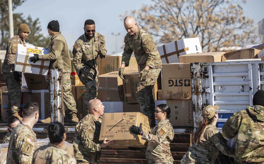 Airmen of the 39th Air Base Wing in Incirlik Air Base, Turkey, load supply trucks during joint military support of U.S. humanitarian assistance and disaster relief efforts, following the Feb. 6, 7.8 magnitude earthquake in Turkey.