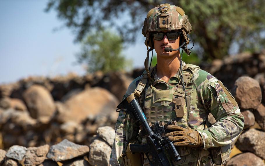 A 256th Infantry Brigade Combat Team soldier conducts reconnaissance in Syria on Aug. 9, 2021. The U.S.-led coalition battling the Islamic State group recently killed or captured terrorists and associates of ISIS in Syria.