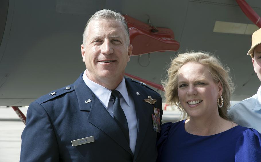 Brig. Gen. David Eaglin, the newly minted 18th Wing commander, poses with his wife, Alexia, near an F-15C Eagle that bears his name at Kadena Air Base, Okinawa, Friday, July 16, 2021. 