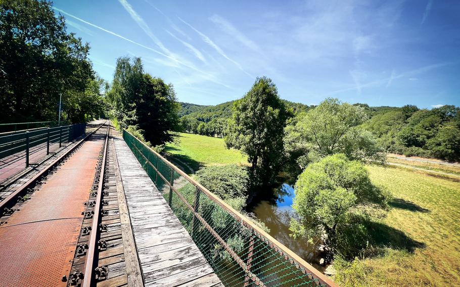 The draisine rail tour runs between Altenglan and Staudernheim, Germany, and takes visitors across creeks and fields of the Glan Valley. 