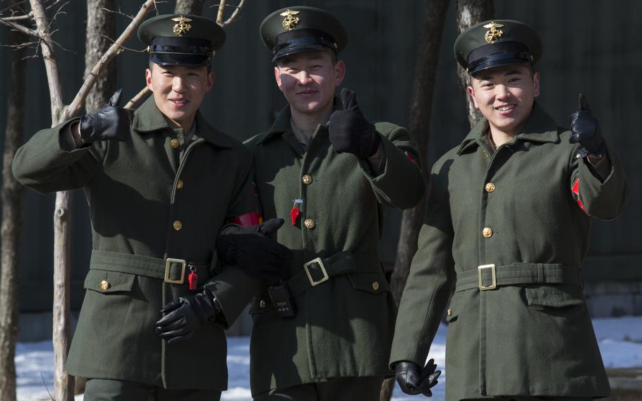 South Korean marines pose during a graduation ceremony at Pohang Marine Base, South Korea, Feb. 26, 2016. 