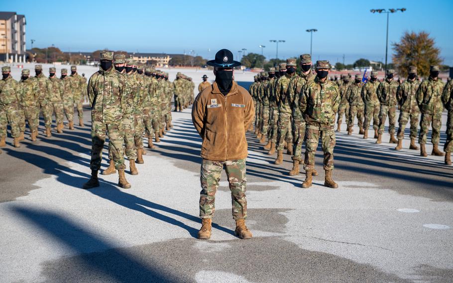 Space Force Tech. Sgt. Eric Mistrot, a 324th Training Squadron instructor, stands in front of his flight during the graduation ceremony, Dec. 10, 2020, at Joint Base San Antonio-Lackland, Texas. Seven members of the graduating class were the first Space Force trainees to graduate. Space Force is set to train its new recruits separately from the Air Force for the first time next month when it launches its inaugural Guardian-only Basic Military Training class, service officials said Tuesday, April 19, 2022.