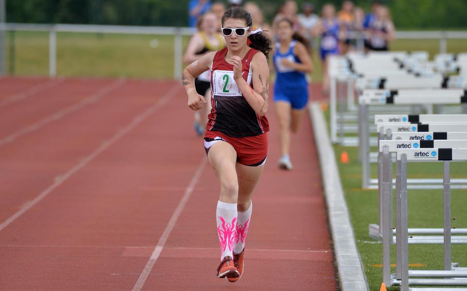 Kaiserslautern’s Piper Parsells is on her way to winning the girls 800-meter race in 2 minutes, 25.78 seconds on the first day of the DODEA-Europe track and field championships in Kaiserslautern, Germany. She also won the 1,500-meter race in 5:21.25.