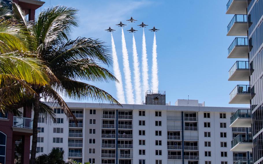 The United States Air Force Air Demonstration Squadron “Thunderbirds” perform a series of demonstrations during the Fort Lauderdale Airshow, April 29-May 1, 2022, in Fort Lauderdale, Fla.