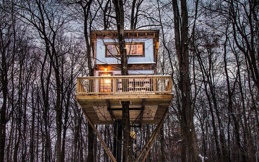 This undated photo provided by The Mohicans Treehouse Resort and Wedding Venue shows "Tin Shed" at The Mohicans Treehouse Resort and Wedding Venue in Glenmont, Ohio. 