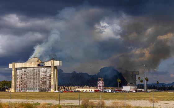 A stubborn fire burns a hangar at the former Tustin Air Base on Tuesday, Nov. 7, 2023 in Tustin, California. (Irfan Khan/Los Angeles Times/TNS)
