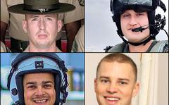 Clockwise from the top left: Gunnery Sgt. James W. Speedy, Cpl. Jacob M. Moore and Capt. Matthew J. Tomkiewicz and Capt. Ross A. Reynolds died in the crash of a MV-22B Osprey in northern Norway, March 18, 2022.