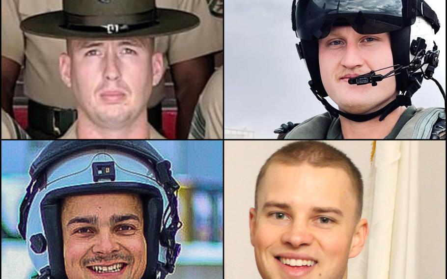 Clockwise from the top left: Gunnery Sgt. James W. Speedy, Cpl. Jacob M. Moore and Capt. Matthew J. Tomkiewicz and Capt. Ross A. Reynolds died in the crash of a MV-22B Osprey in northern Norway, March 18, 2022.