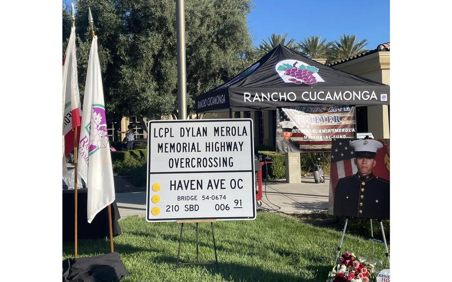 The city of Rancho Cucamonga, Calif., hosted a dedication ceremony honoring the life of Lance Cpl. Dylan Merola and the other 12 service members who died in the Aug. 26, 2021, suicide bombing at Hamid Karzai International Airport in Kabul, Afghanistan. The ceremony included the dedication of the 210 Freeway overpass in honor of Merola and a vigil for the 13 lives lost that day.