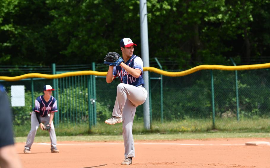 Aviano Saints starting pitcher Steven Scavo goes through his windup in the team’s first game against the Rota Admirals at the 2022 DODEA-Europe baseball championships.