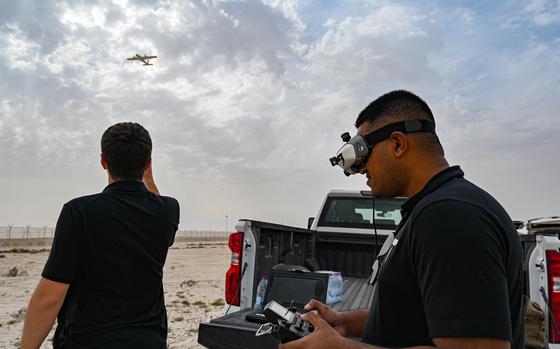 Titan Dynamics CEO Mohammad Adib remotely controls a newly developed unmanned aerial system with U.S. Air Forces Central’s Task Force-99 March 15, 2024. The drones were designed, printed and flying in less than 48 hours.