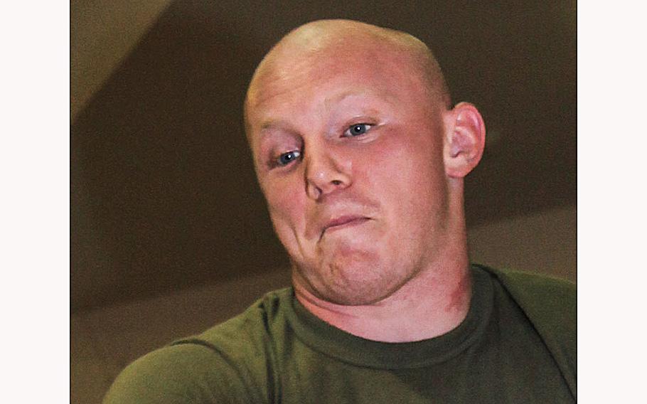 Then-Lance Cpl. Steven T. Smiley attends a wrestling practice session at Marine Corps Base Camp Lejeune on May 9, 2011. Smiley, now a staff sergeant, is on trial for accusations related to the June 4, 2021 death of 19-year-old recruit Dalton Beals.