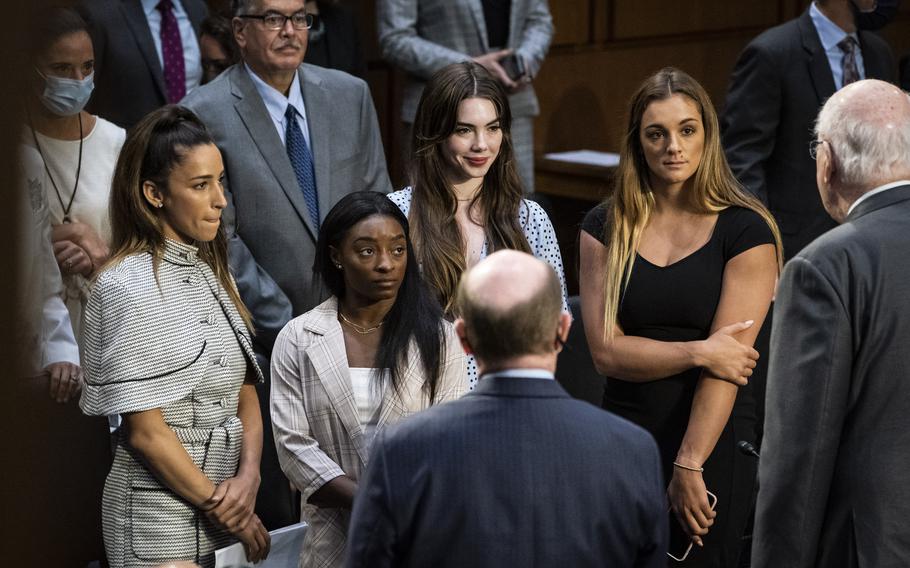 United States gymnasts Aly Raisman, Simone Biles, McKayla Maroney and Maggie Nichols testify before the Senate Judiciary Committee in September 2021.