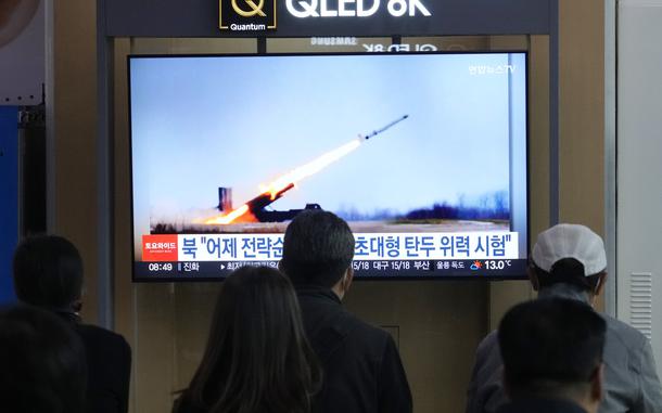A TV screen shows North Korea's missile launch during a news program at the Seoul Railway Station in Seoul, South Korea on April 20, 2024.