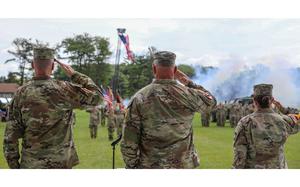 Maj. Gen. Kris Belanger, outgoing commanding general for the U.S. Army Reserve’s 99th Readiness Division, relinquished command to Maj. Gen. Laurence “Scott” Linton during the division’s change-of-command ceremony July 18 on Joint Base McGuire-Dix-Lakehurst, New Jersey. (U.S. Army photo by Sgt. 1st. Class Deziree Lau, 99th RD Public Affairs)