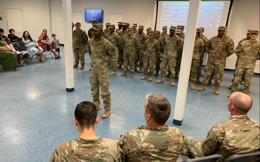 54th Quartermaster Company Soldiers stand in formation before a welcome home ceremony on April 12, 2024, at the Family Life Center on Fort Gregg-Adams, Va.