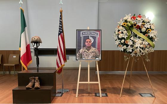 A photograph of Army Sgt. Devin Guary is displayed at a memorial service at Caserma Del Din in Vicenza, Italy Sept. 25, 2023. A paratrooper in the 173rd Airborne Brigade, Guary died in a car crash in Cittadella, Italy, on Aug. 14, 2023. 

