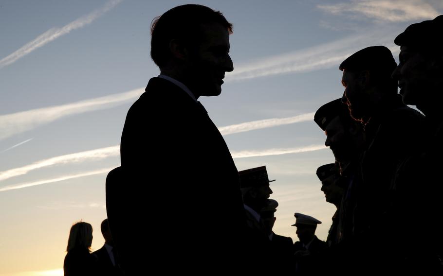 French President Emmanuel Macron visits an army base in Orleans, central France, Thursday, Jan. 16, 2020. France on Tuesday, June 8, 2021, suspended military operations with Central African Republic.