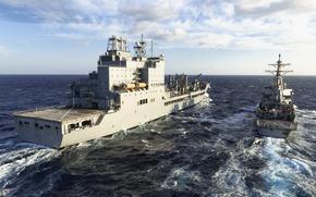 The Arleigh Burke-class guided missile destroyer USS Mahan, right, conducts a replenishment at sea with the John Lewis-class underway replenishment oiler USNS Harvey Milk (T-AO 206), in the Atlantic Ocean, Nov. 9, 2024. The Gerald R. Ford Carrier Strike Group is underway in the Atlantic Ocean completing Group Sail. Group Sail is the first at-sea integrated phase training event during a routine deployment training cycle. It is designed to challenge the Gerald R. Ford CSG’s ability to use the capabilities of the USS Gerald R. Ford (CVN 78), USS Winston S. Churchill (DDG 81), Carrier Air Wing (CVW) 8, Destroyer Squadron (DESRON) 2, and embarked Information Warfare team as a cohesive Strike Group to meet Navy and Joint Warfighting requirements that increases war-fighting capability and tactical proficiency across all domains. (U.S. Navy photo by Mass Communication Specialist 2nd Class Jacob Mattingly)