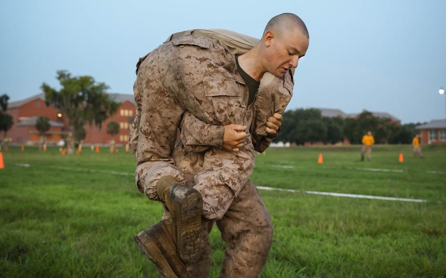 Pfc. Nathaniel Laprade does the Combat Fitness Test while a recruit at Parris Island, S.C., on Aug. 5, 2023. 