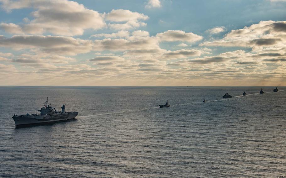 The U.S. 6th Fleet flagship USS Mount Whitney, left, sails with other American, NATO and partner ships in the Black Sea, Nov. 12, 2021. Mount Whitney is now headed back to the Mediterranean Sea.