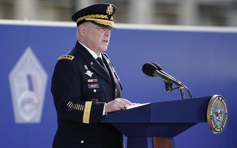 Army Gen. Mark Milley, chairman of the Joint Chiefs of Staff, speaks during an observance ceremony at the Pentagon on Saturday, Sept. 11, 2021, on the morning of the 20th anniversary of the terrorist attacks.