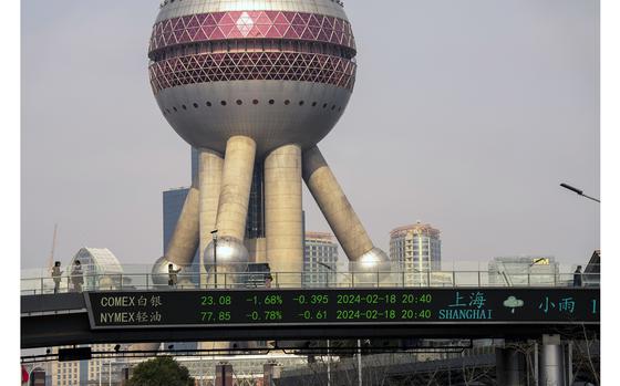 An electronic ticker displays stock figures in Pudong's Lujiazui Financial District in Shanghai, China, on Feb. 19, 2024. 