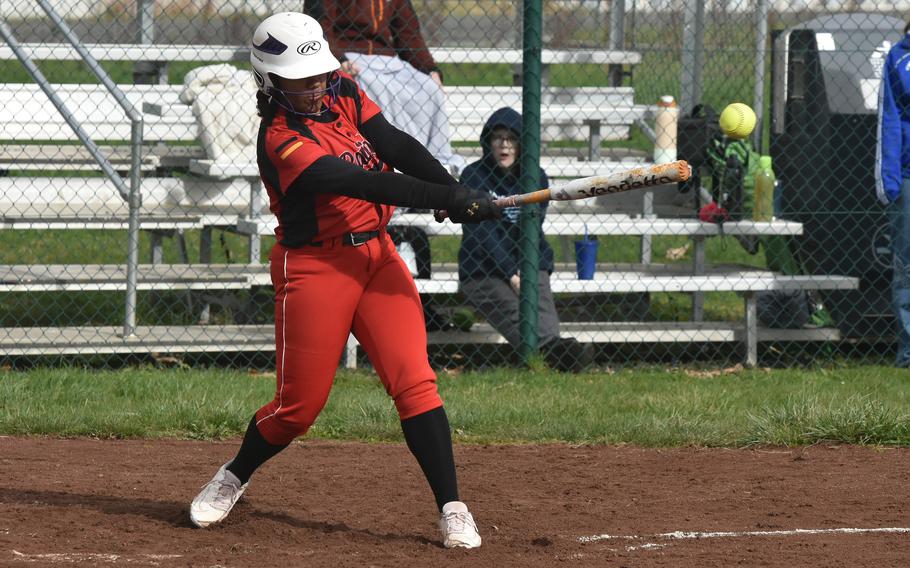 Junior Giada Taylor connects with the ball for a hit during the season opener game against Wiesbaden on March 16, 2024, in Wiesbaden, Germany.