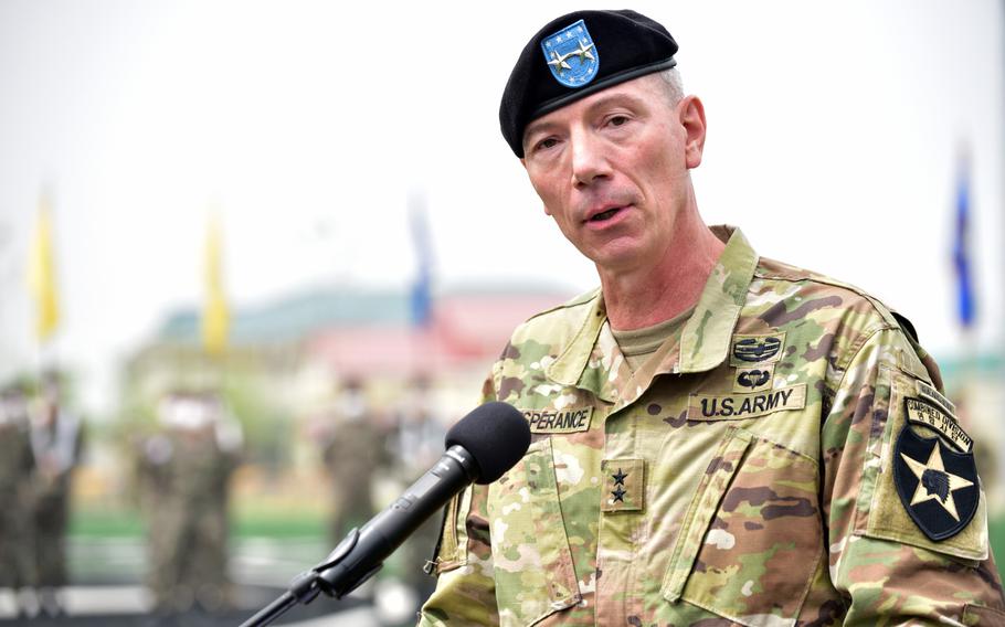 Maj. Gen. David Lesperance took charge of the Army’s only permanently deployed division outside 2nd Infantry Division headquarters at Camp Humphreys, South Korea, Tuesday, May 18, 2021. 